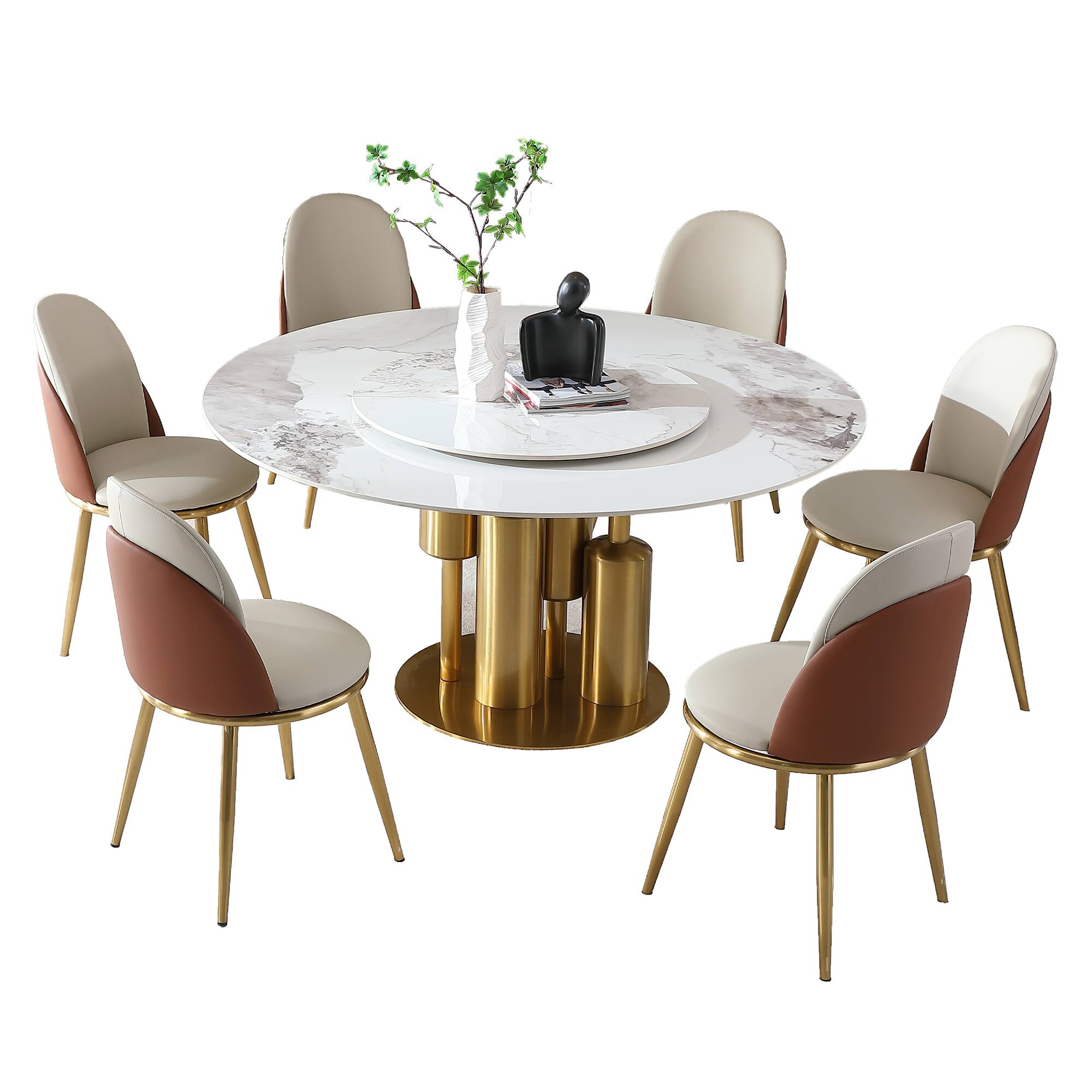 Alt View 6. Loheer - Loheer 59-Inch Round Sintered Stone Dining Table with 360-Degree Lazy Susan, White and Gold - White and Gold.