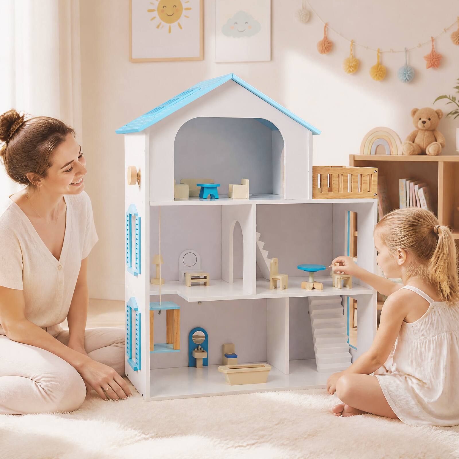 Alt View 1. Costway - Costway 3-Story Doll House with 5 Rooms and Furniture Accessories, Pretend Play Toy - Blue.