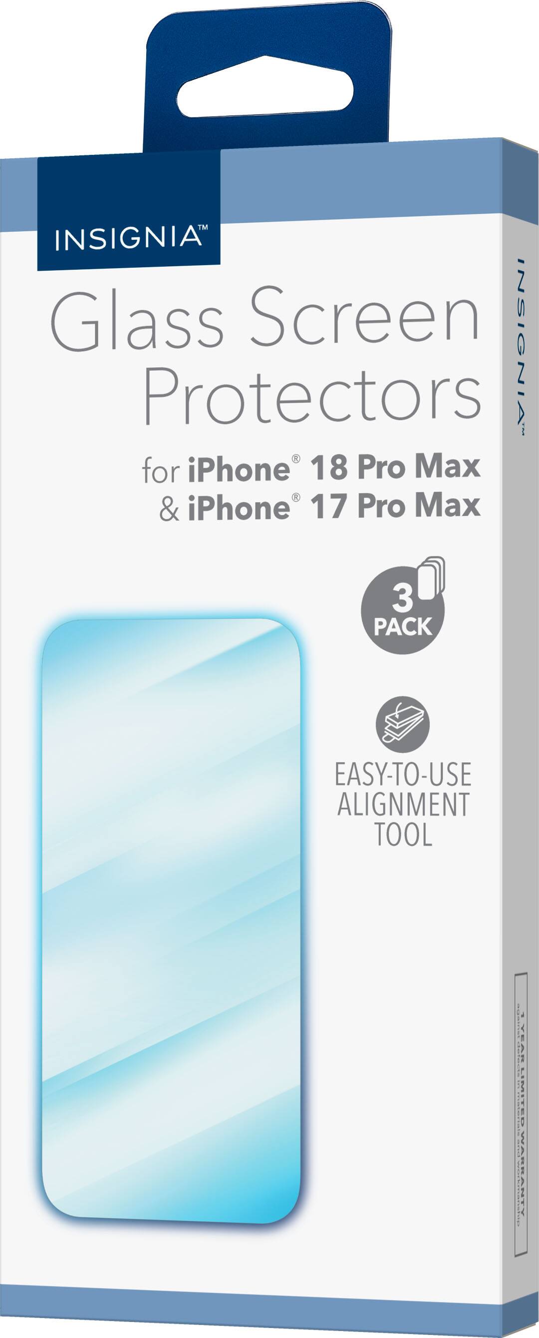 INSIGNIA Glass Screen Protectors for iPhone 18 Pro Max & iPhone 17 Pro Max  
3 PACK  
EASY-TO-USE ALIGNMENT TOOL  
against defects  
YEAR CONDOLOGICADON.COM LIMITED WARRANTY