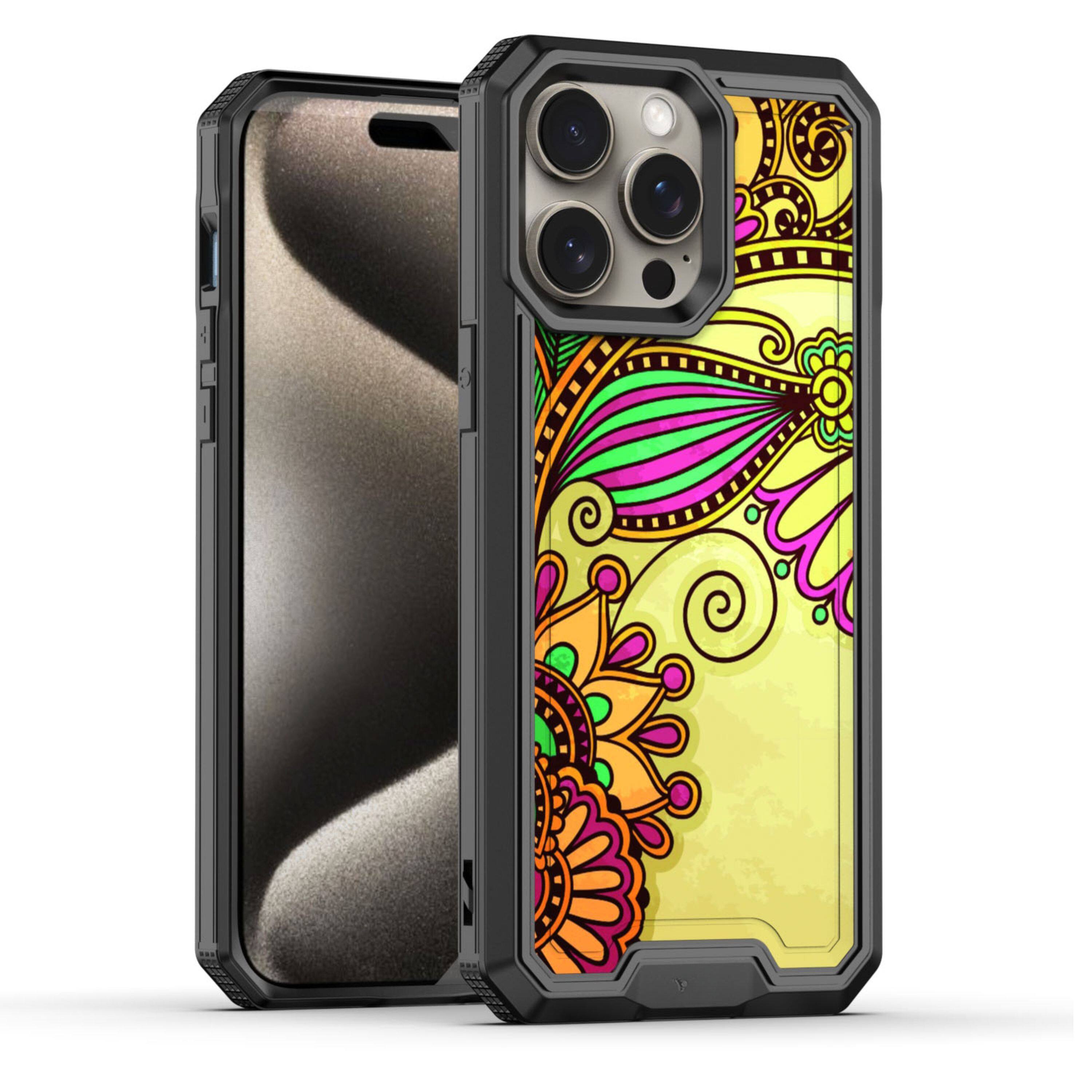 Angle. Kitcheniva - Printed Fused Hybrid Case With 2 Pcs Tempered Glass For iPhone 15 Pro Antique Flower - Multicolor.