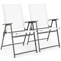 Costway 2 PCS Patio Folding Portable Dining Chairs Metal Frame Armrests Outdoor - White + Gray - Front_Zoom