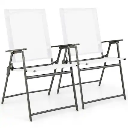 Front. Costway - 2 PCS Patio Folding Portable Dining Chairs Metal Frame Armrests Outdoor - White + Gray.