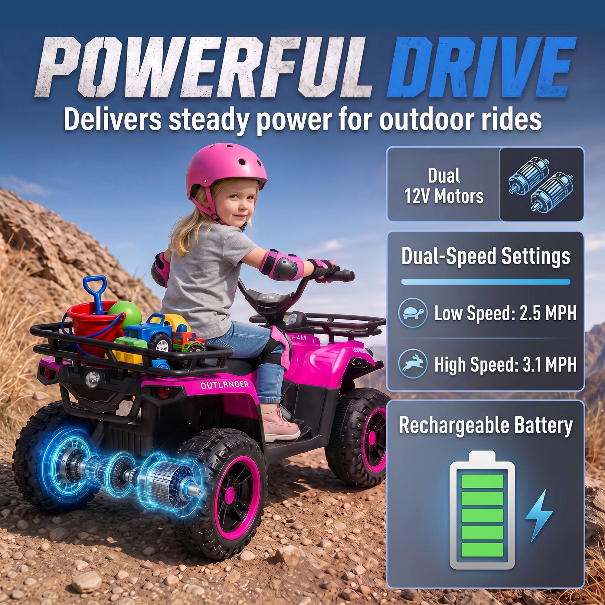 POWERFUL DRIVE  
Delivers steady power for outdoor rides

Dual 12V Motors

Dual-Speed Settings  
Low Speed: 2.5 MPH  
High Speed: 3.1 MPH

Rechargeable Battery