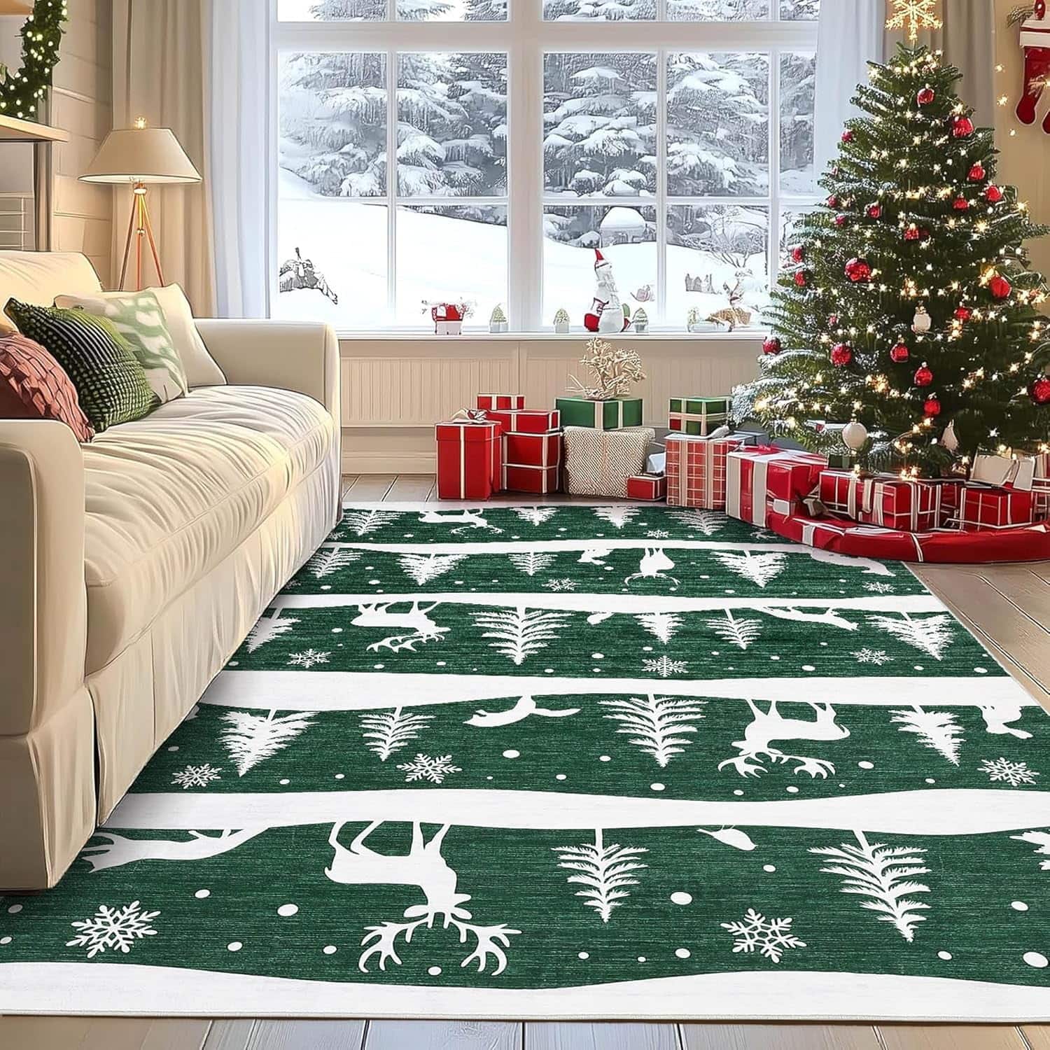 Jojoka - 5x7 Christmas Area Rug Non-Slip Washable Xmas Tree Snowflake Soft Low Pile for Living Room Bedroom Decor - Green