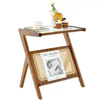 Costway - Rattan Side Table Bamboo Accent Bedside Table with Tempered Glass Top - Walnut - Front_Zoom