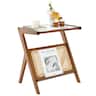 Costway - Rattan Side Table Bamboo Accent Bedside Table with Tempered Glass Top - Walnut