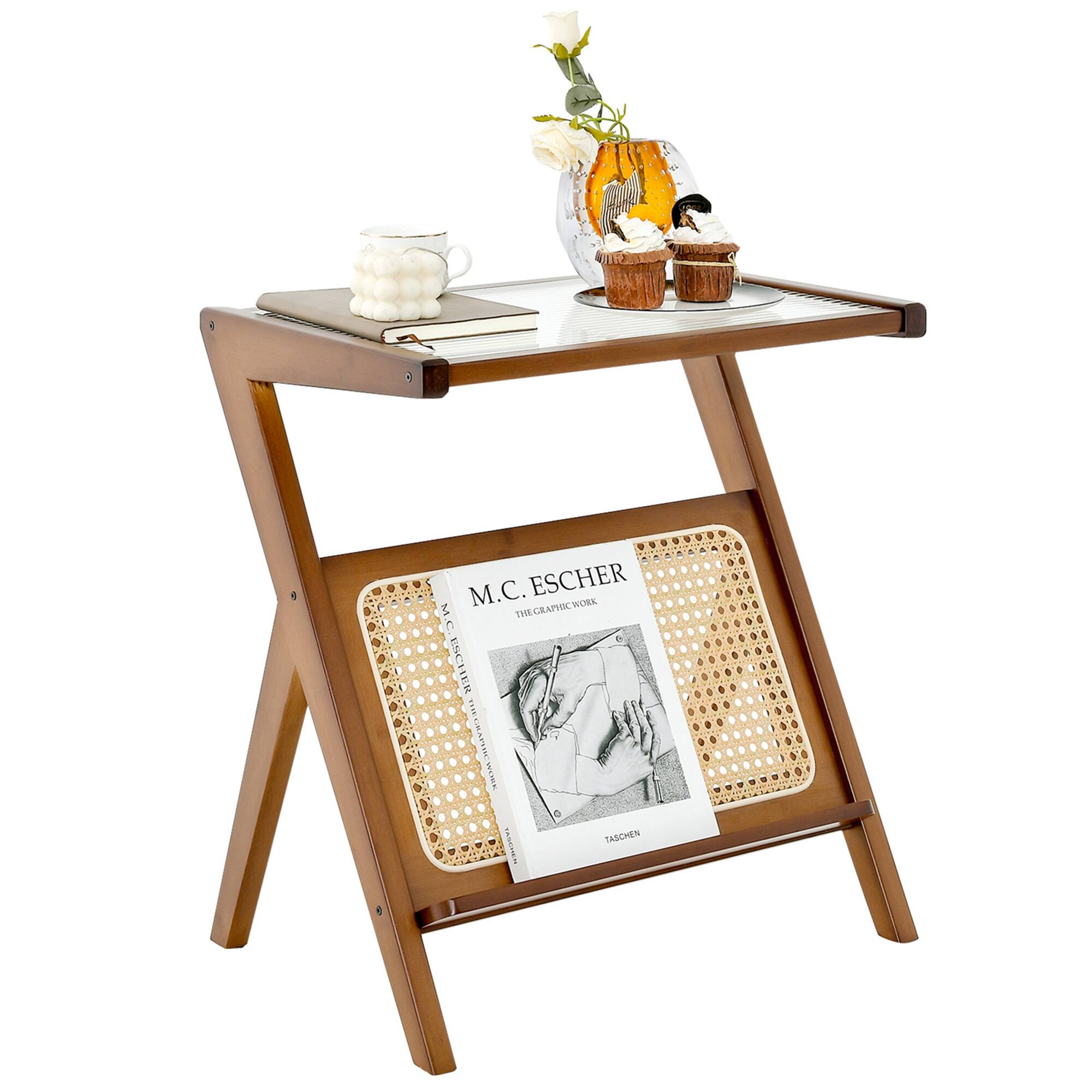 Costway - Rattan Side Table Bamboo Accent Bedside Table with Tempered Glass Top - Walnut