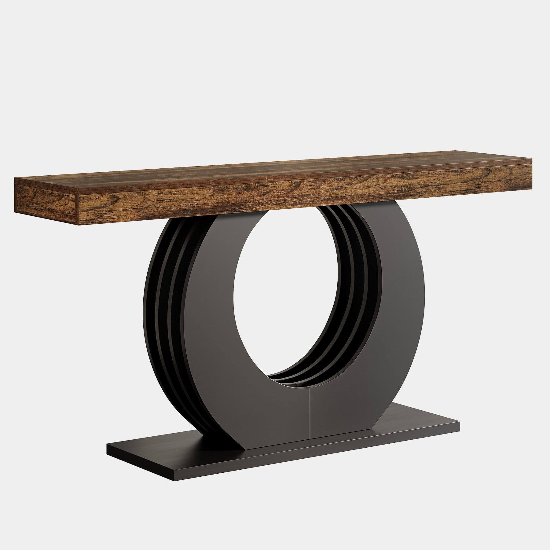 Alt View 1. Kadyn - Round Metal Base Console Table - Wooden Side Table, Living Room Entryway, Stylish Sofa Table, Home Decor, Brown - Brown.