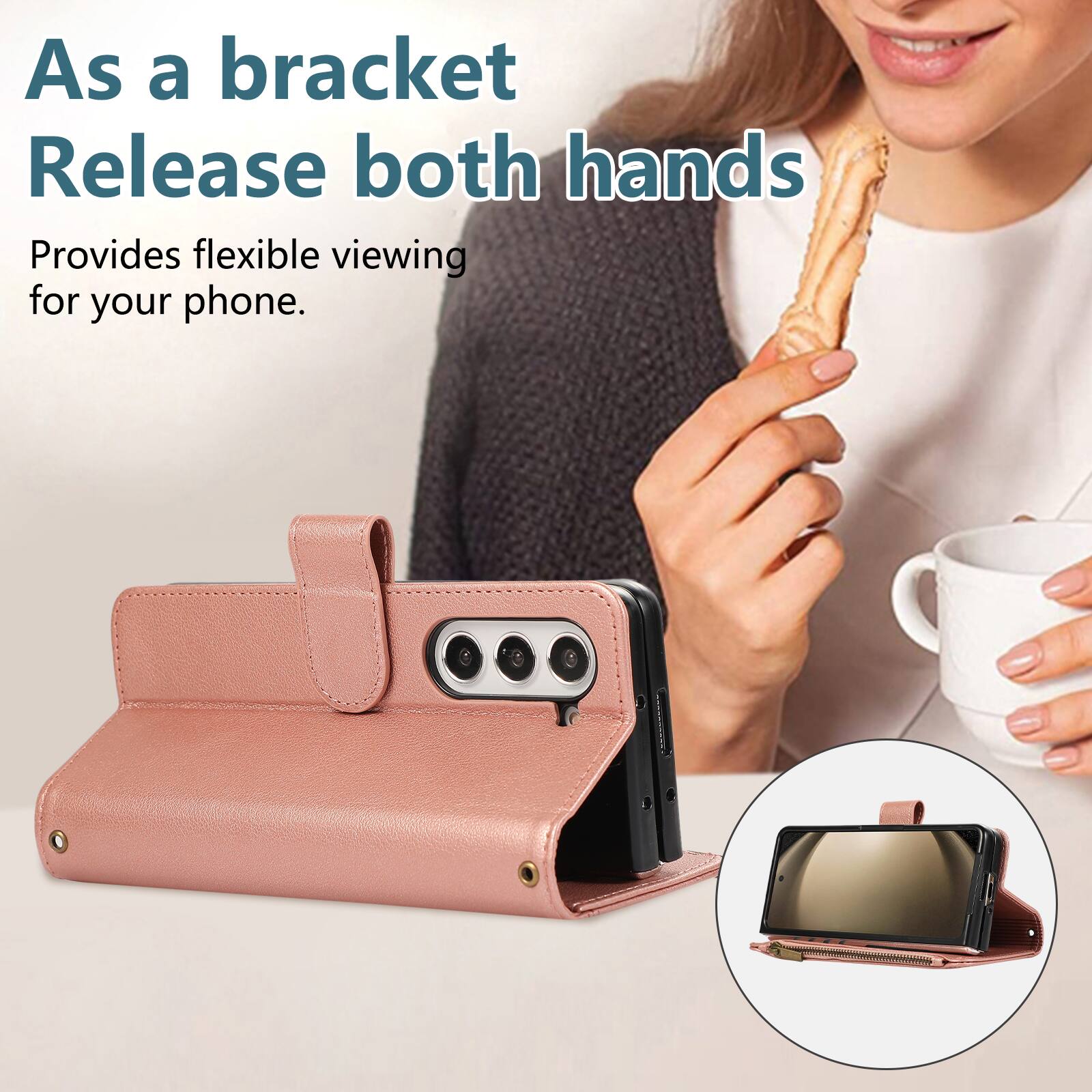 As a bracket, release both hands. Provides flexible viewing for your phone.
