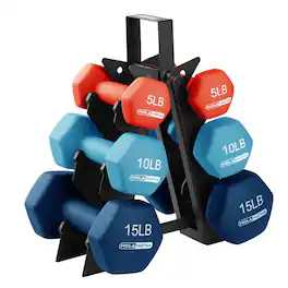 HolaHatha - 5, 10, and 15 Pound Neoprene Dumbbell Weight Set with Storage Rack - Blue/Red