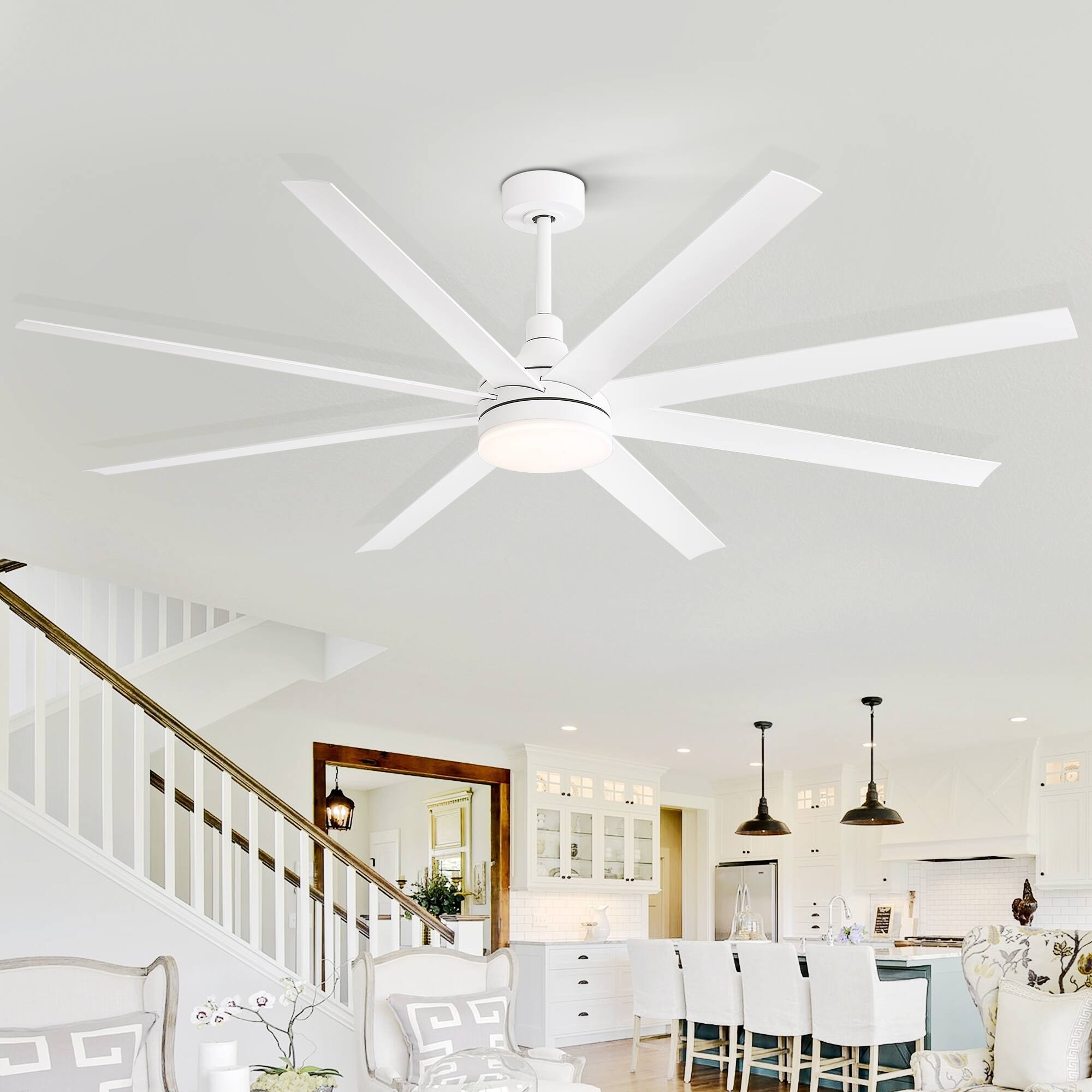 Back. Breezary - 72" Large Indoor Ceiling Fan with Remote, 8 ABS Blades, 6-Speed DC Motor, Timer, 7''/12''Downrods, Light/No Light Option - Matte White (With Light).