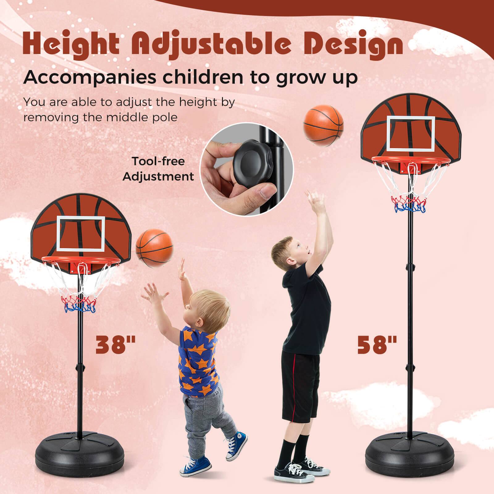 Height Adjustable Design  
Accompanies children to grow up  

You are able to adjust the height by removing the middle pole  

Tool-free Adjustment  

38"  
58"