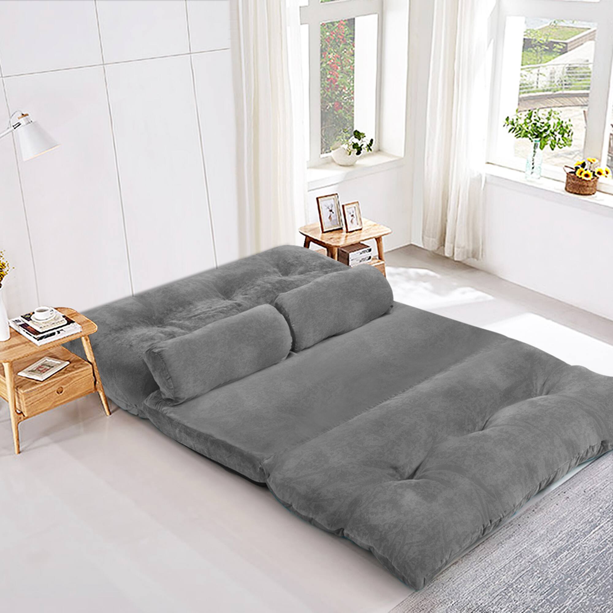 Alt View 6. Costway - Costway Floor Sofa Bed 6-Position Adjustable Sleeper Lounge Couch with 2 Pillows - Grey.
