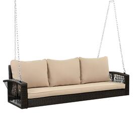 Mondawe - 69" PE Wicker 3-Person Porch Swing with Chains and Cushions - Brown