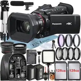 Bundle - Panasonic - HC-X1600 Camcorder UHD 4K HDMI + 2x 128GB Card + Backpack + LED Flash + Wide Angle + ZeeTech - Black