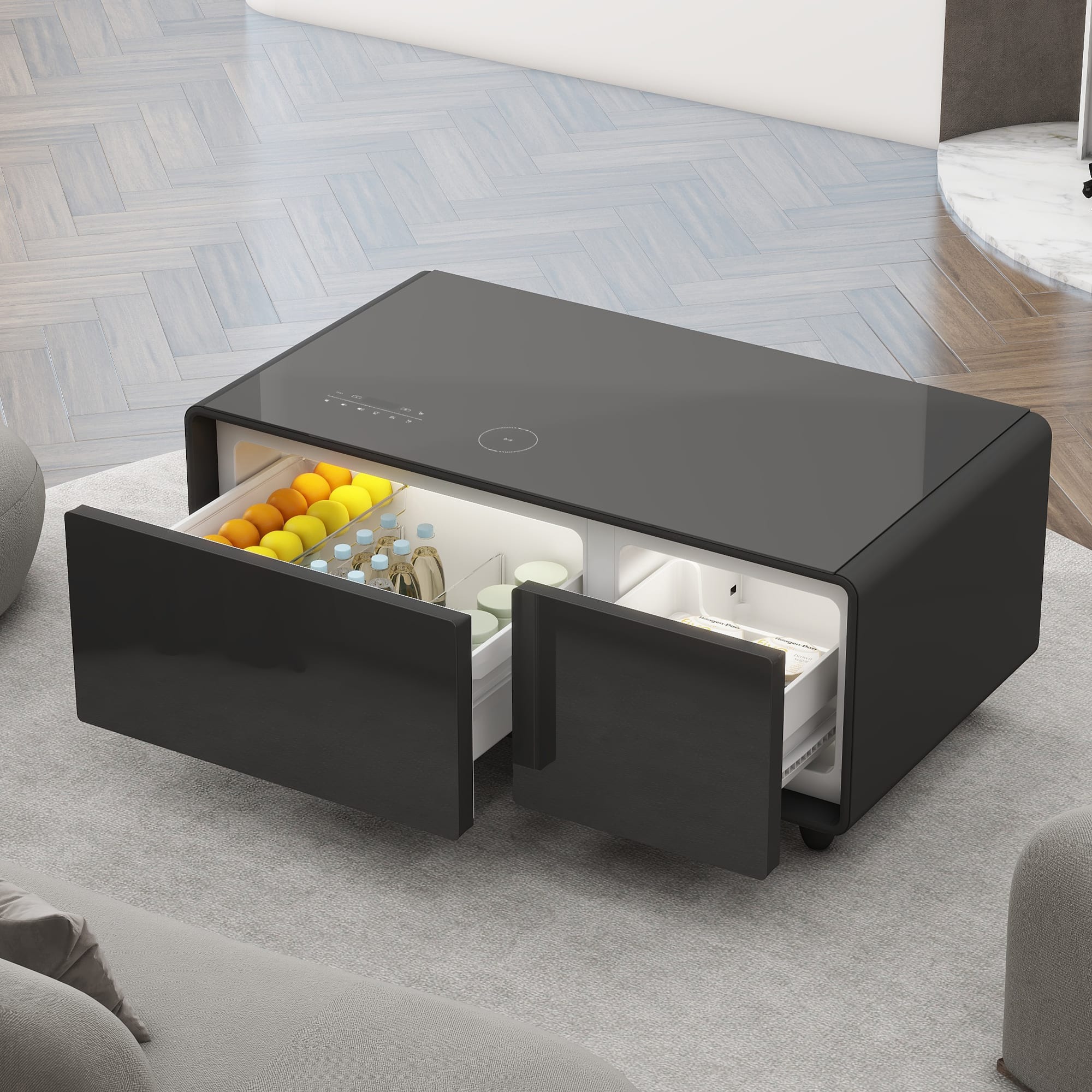 Tiramisubest - Modern Smart Coffee Table with Built-in Fridge,Bluetooth Speaker,Wireless Charging,USB Interface,Atmosphere light - Black