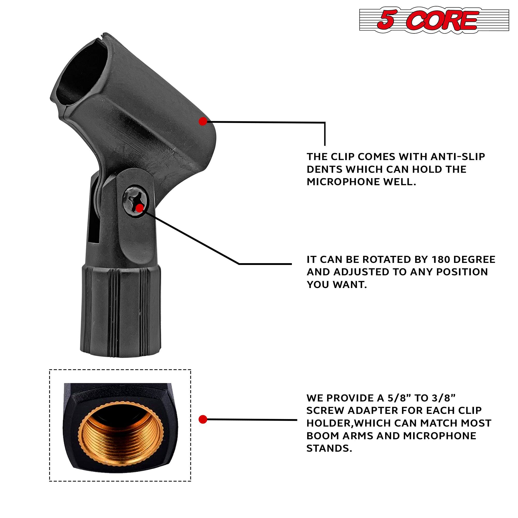 The text on the image can be grouped and corrected as follows:

---

The clip comes with anti-slip dents which can hold the microphone well. It can be rotated by 180 degrees and adjusted to any position you want. We provide a 5/8" to 3/8" screw adapter for each clip holder, which can match most boom arms and microphone stands.

---

This text describes the features of a microphone clip, highlighting its anti-slip dents, adjustable rotation, and compatibility with various stands through the provided screw adapter.