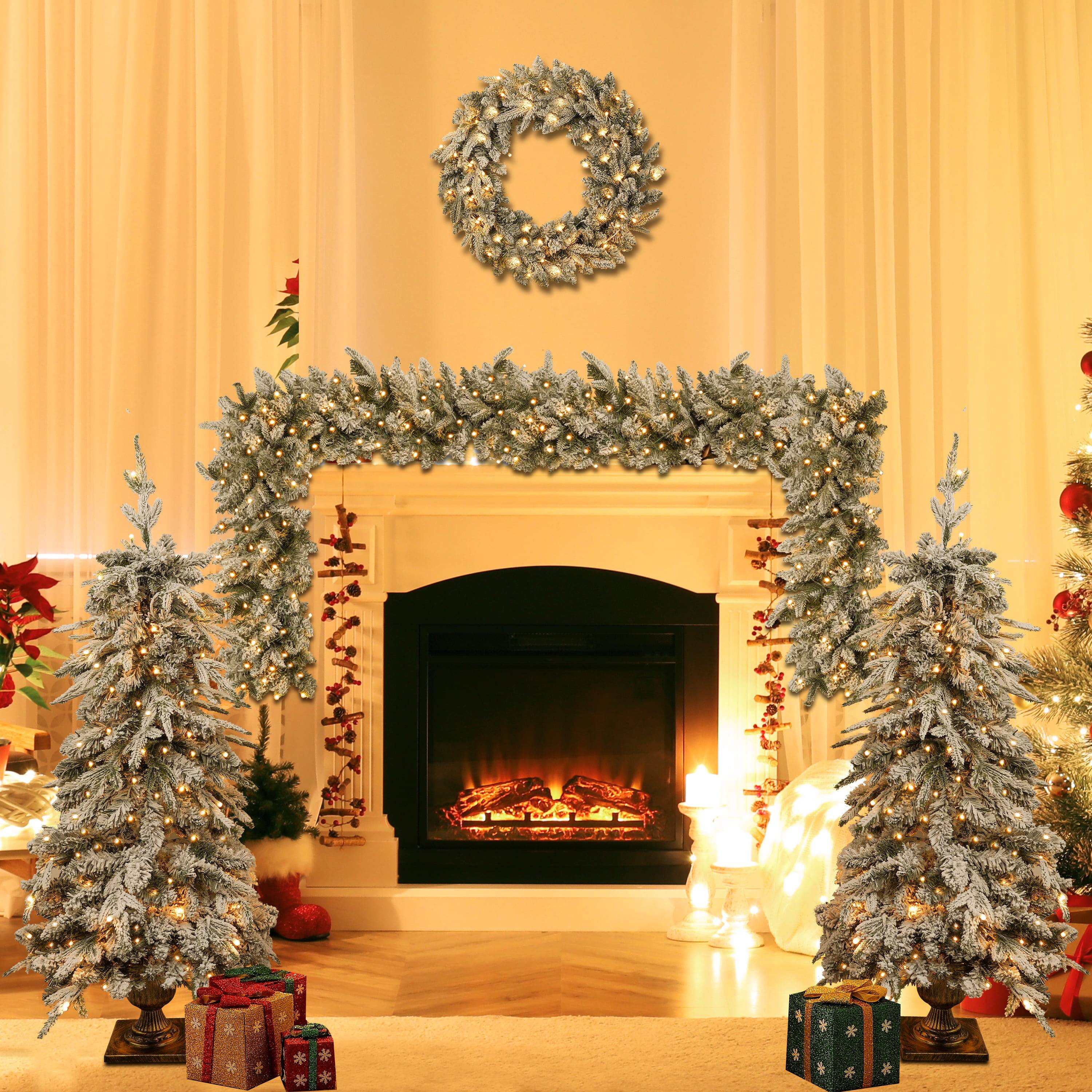 Left. Jandcase - Pre-lit Christmas Artificial Tree 4-Piece Set, Garland, Wreath and Set of 2 Entrance Trees, X-mas with LED Lights, PVC - Green.