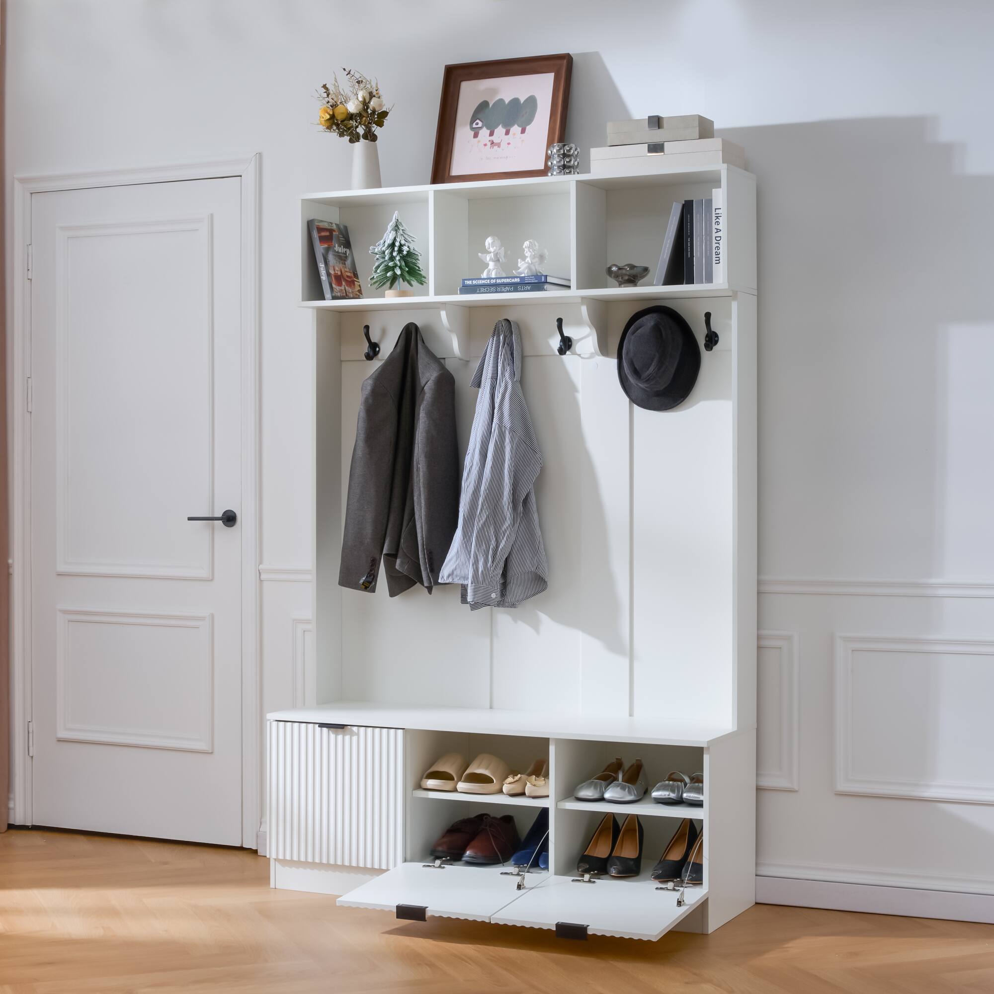 Alt View 6. GOODSILO - Three-Drawer Entryway Storage Cabinet with Open Shelving and Hooks for Organized Home Entry Solutions - White.