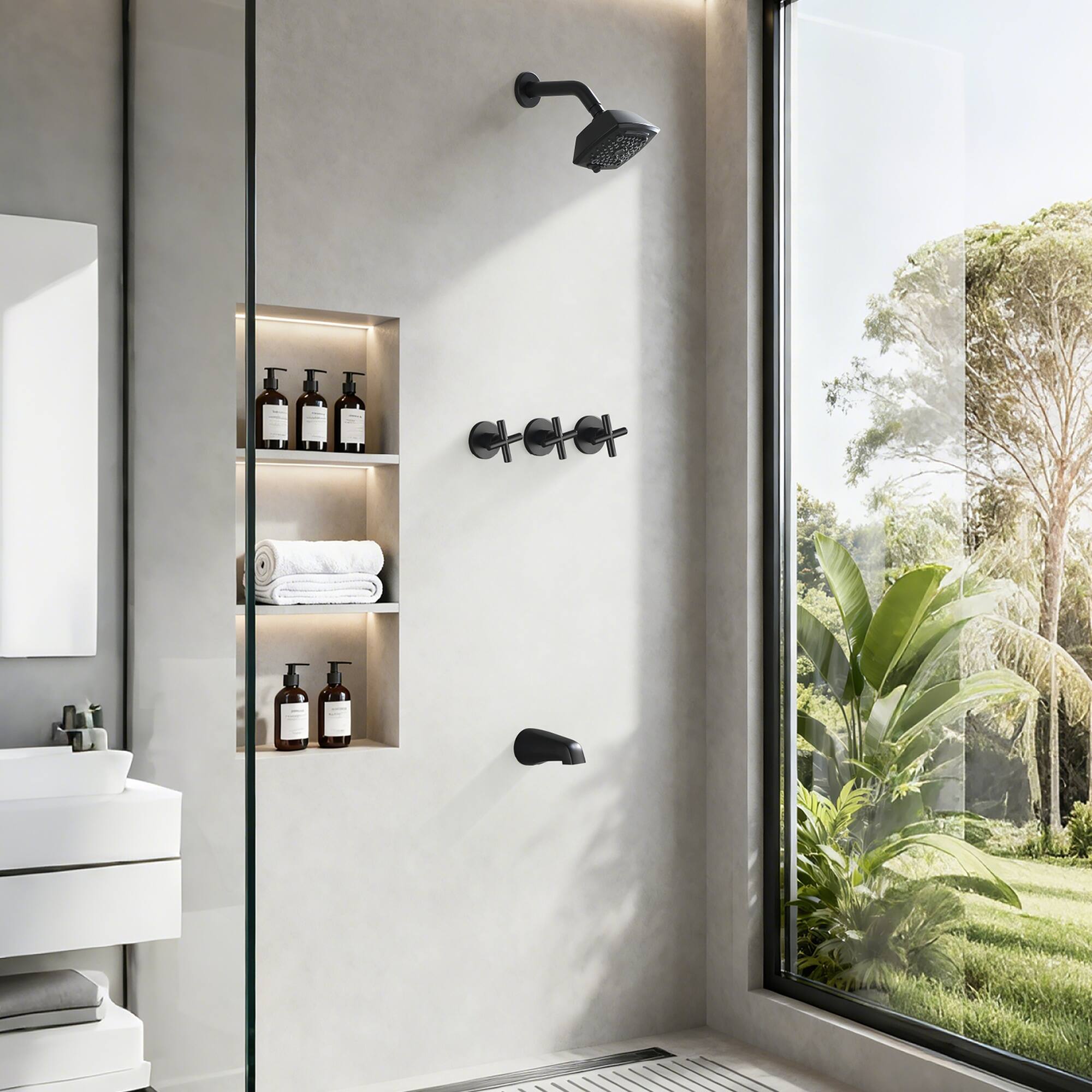 Alt View 1. Boyel Living - Matte Black Tub and Shower Set Brass SUS304 Three Handle 5-Function Top Spray High-Flow - Matte Black.