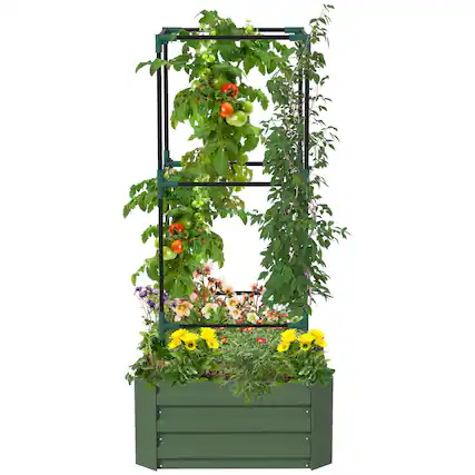 Front. Outsunny - Galvanized Raised Garden Bed, 55" Tall Outdoor Planter Box with Trellis Tomato Cage and Open Bottom for Climbing Vines - Green.