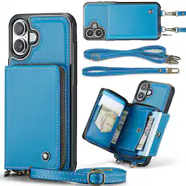 Dteck - Crossbody Zipper Wallet Case for Apple iPhone 17, RFID Blocking PU Leather Card Slots Wrist Strap Lanyard Cover - Blue