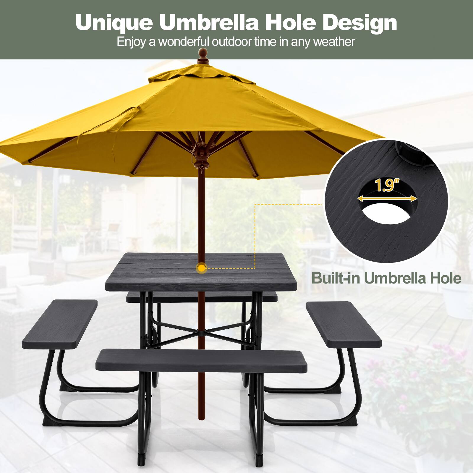 Unique Umbrella Hole Design  
Enjoy a wonderful outdoor time in any weather  

1.9" Built-in Umbrella Hole