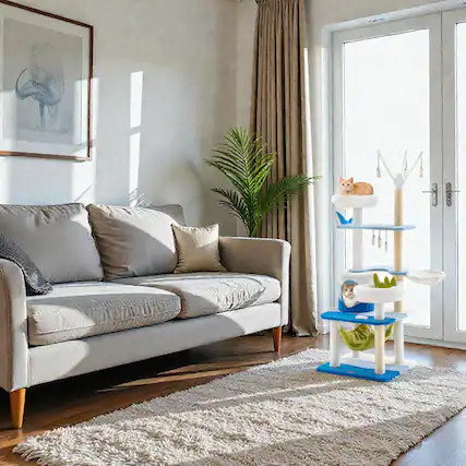 Front. BreeBe - Multi-Tier Cat Tree with Sisal-Wrapped Scratch Posts - Blue.