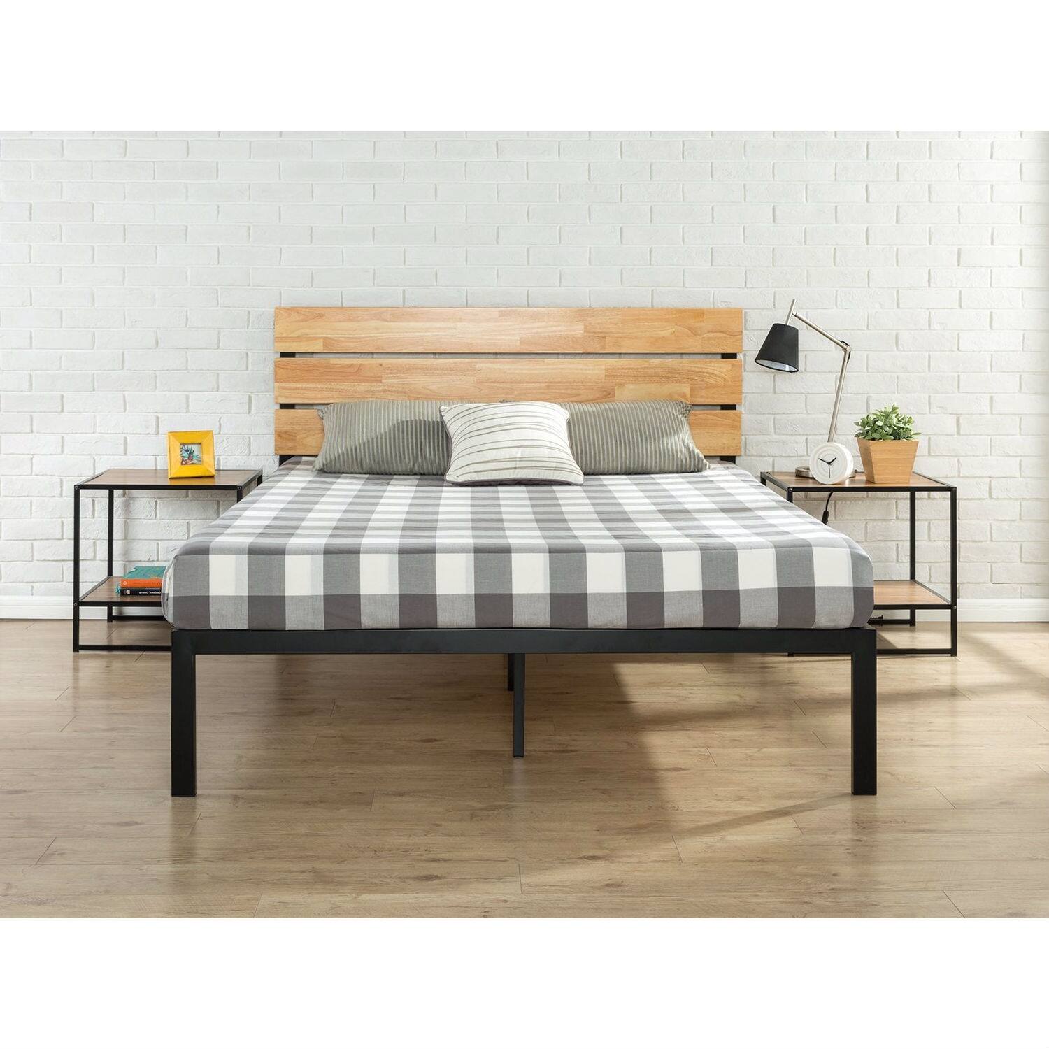 Angle. Hivvago - Hivvago Full size Metal Platform Bed Frame with Wood Slats and Headboard - Brown.