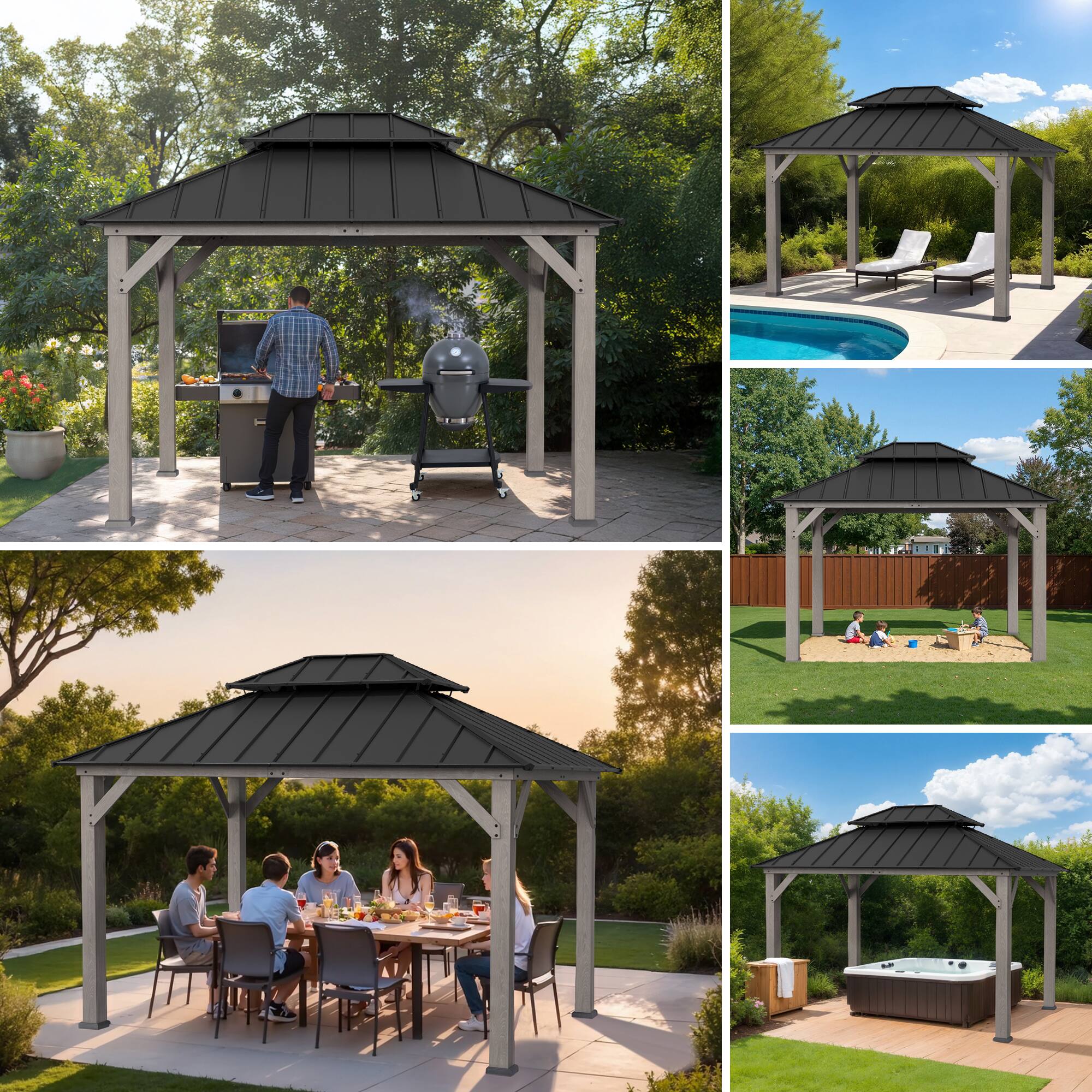 Alt View 9. SUNJOY - Sunjoy 10 x 12 ft Cedar Wood Gazebo, Outdoor 2-Tier Black Coated Steel Hardtop for Patio, Lawn & Backyard.