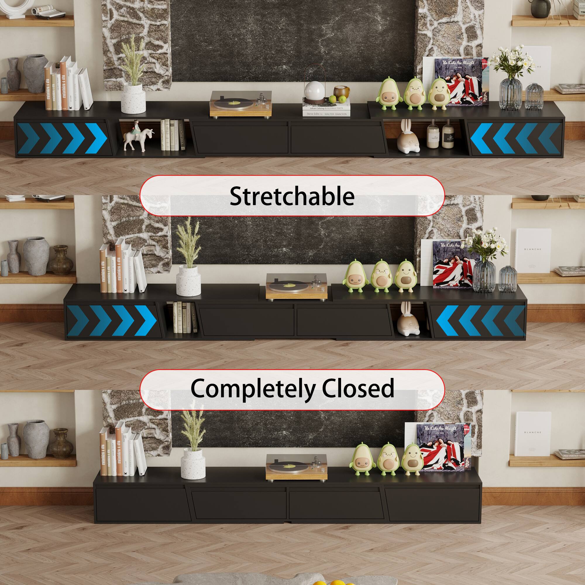 The text on the image reads:

Stretchable - Completely Closed

This suggests that the image is divided into two sections, one labeled "Stretchable" and the other labeled "Completely Closed." The image likely contains two different views or settings, with the "Stretchable" section showing a stretchable or flexible space, and the "Completely Closed" section showing a closed or confined space.