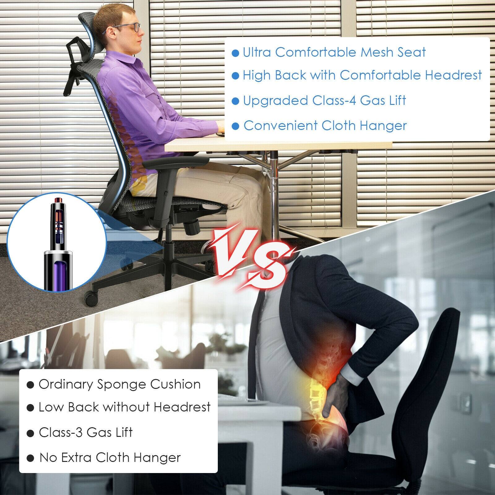Ultra Comfortable Mesh Seat High Back with Comfortable Headrest Upgraded Class-4 Gas Lift Convenient Cloth Hanger VS Ordinary Sponge Cushion Low Back without Headrest Class-3 Gas Lift No Extra Cloth Hanger