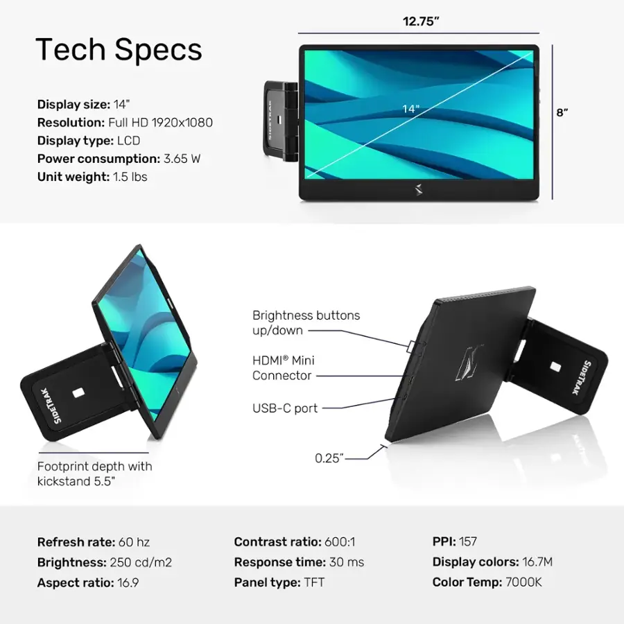 Tech Specs:

* Display size: 12.75"
* Resolution: Full HD 1920x1080
* Display type: LCD
* Power consumption: 3.65 W
* Unit weight: 1.5 lbs
* Footprint depth with kickstand: 5.5"
* Brightness buttons: up/down
* HDMI Mini Connector
* USB-C port
* Refresh rate: 60 hz
* Brightness: 250 cd/m2
* Aspect ratio: 16.9
* Contrast ratio: 600:1
* Response time: 30 ms
* Panel type: TFT
* PPI: 157
* Display colors: 16.7M
* Color Temp: 7000K
