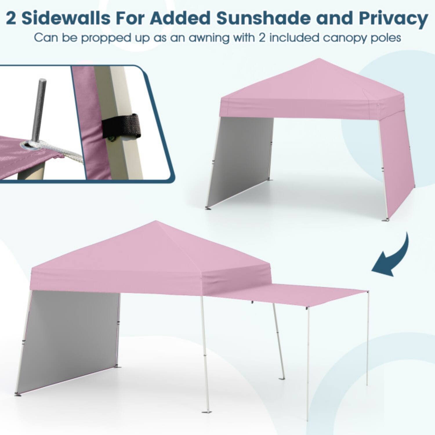2 Sidewalls For Added Sunshade and Privacy  
Can be propped up as an awning with 2 included canopy poles