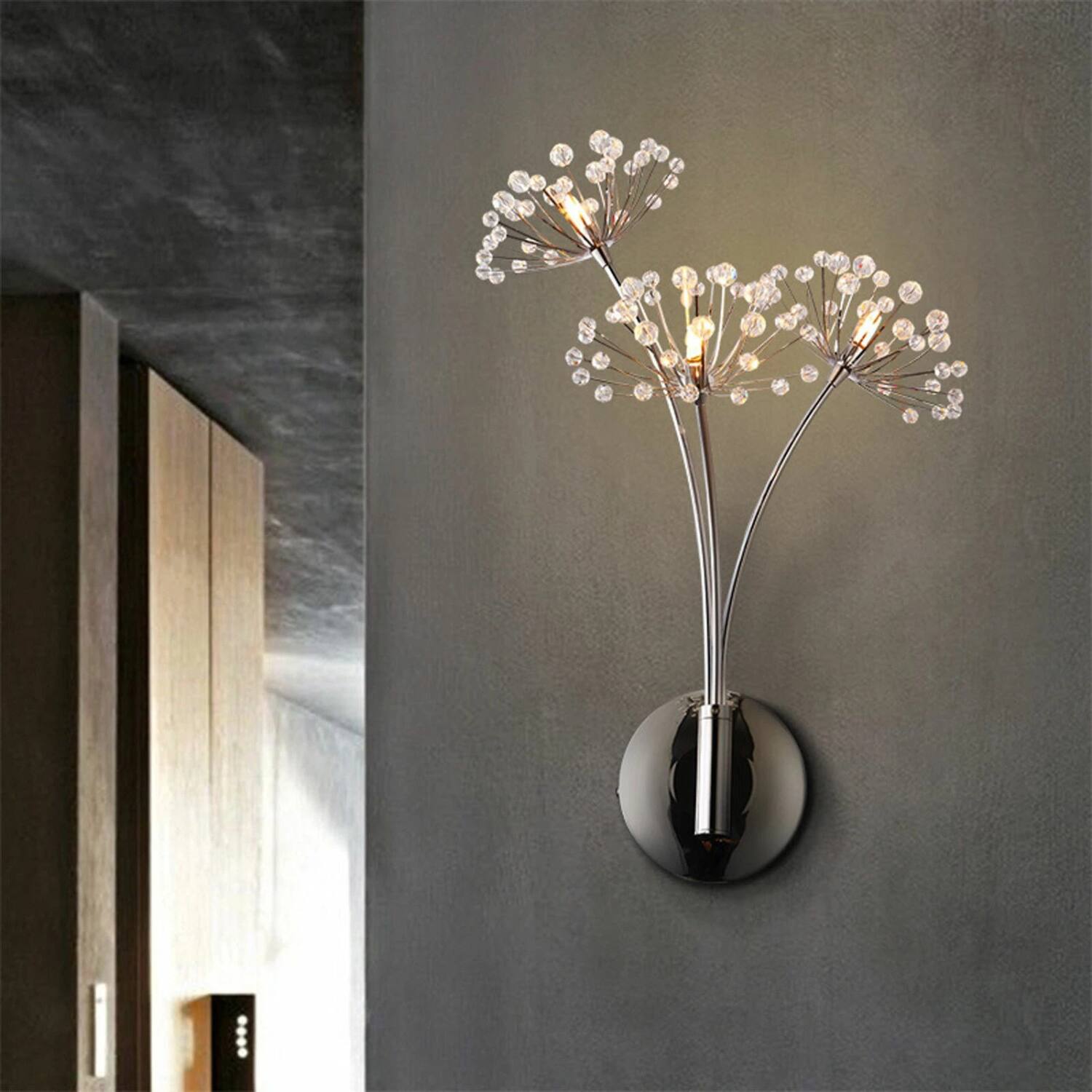 Left. Stock Preferred - Modern LED Wall Light Dandelion Crystal Indoor Sconce - Silver.