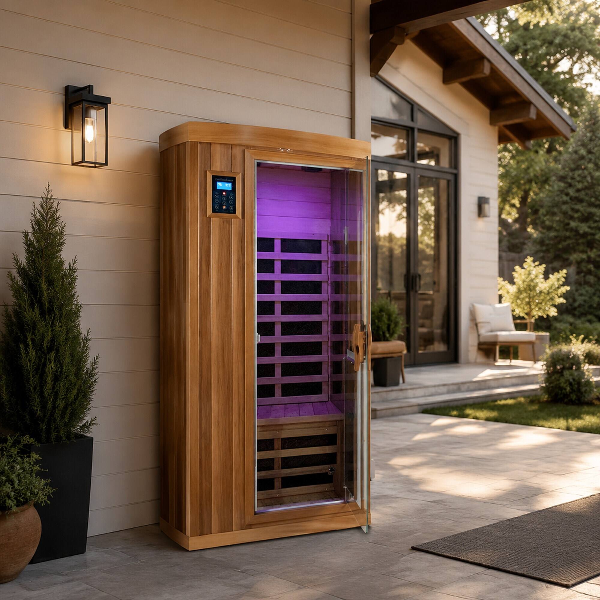 Angle. RYHNUYNE - One Person Far Infrared Sauna, Red Cedar Indoor Room, Low EMF, 8 Heating Panels, 1450W - Bean paste red.