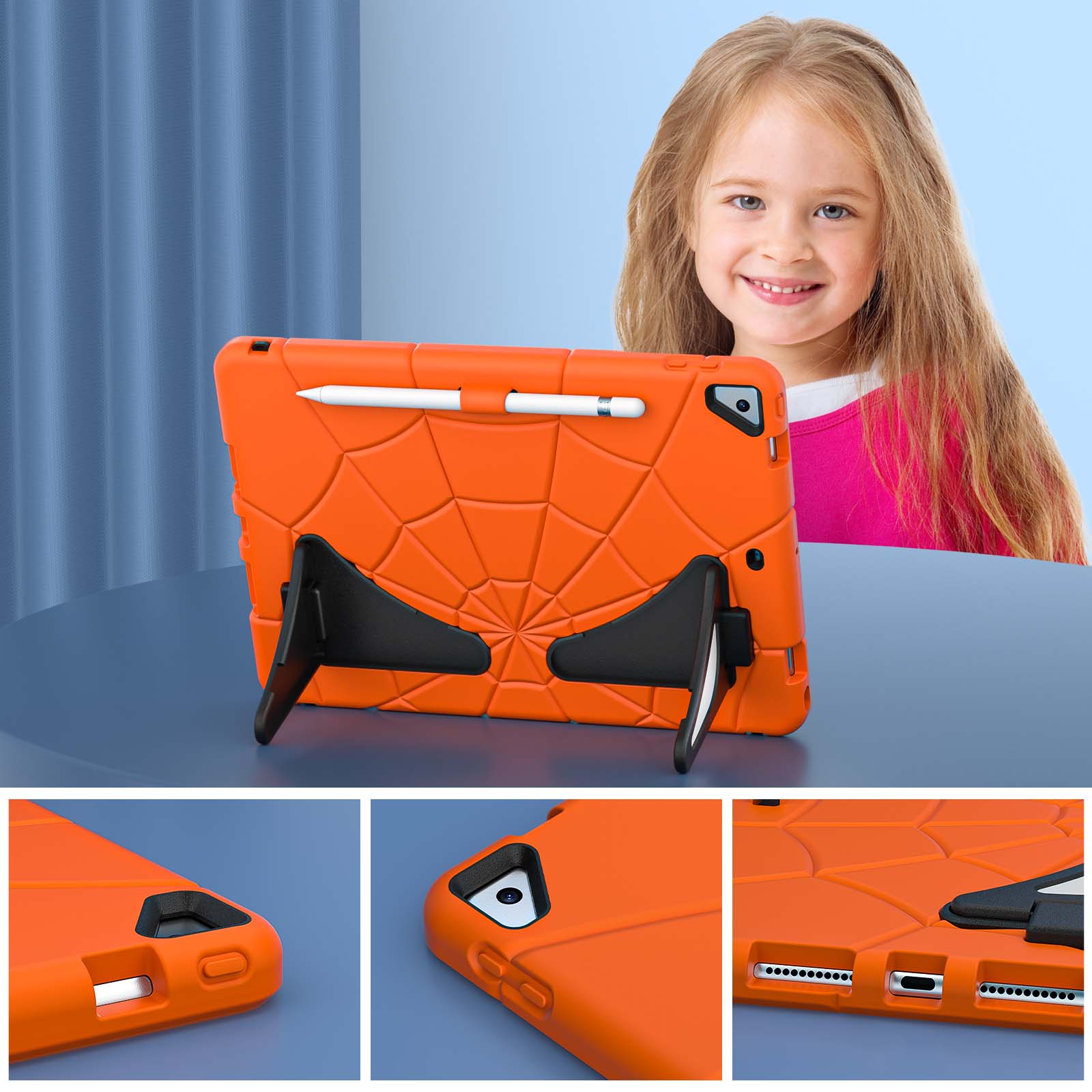 Alt View 4. UUCOVER - Kids Case for iPad 9th 8th 7th Gen 10.2-inch (2021/2020/2019) ,Shockproof TPU+PC Rugged Stand Case Protective Cover - Orange+Black.