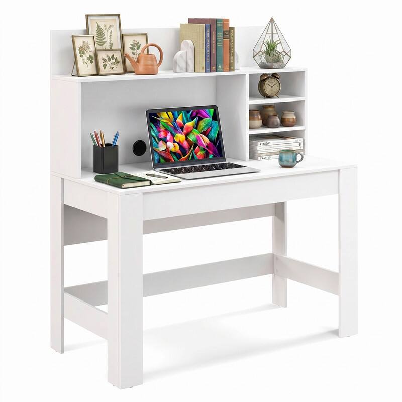 Left. WELLFOR - 48" Computer Desk with Anti-Tipping Kits and Storage Shelf, Writing Study Desk for Home Office - White.