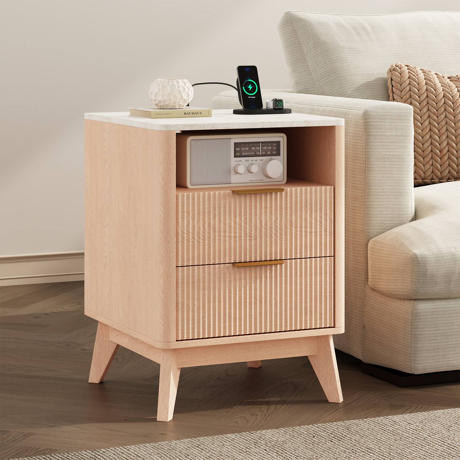 Sweetcrispy 18 in W Fluted Nightstand, Bedside Table with 2 Drawers and ...