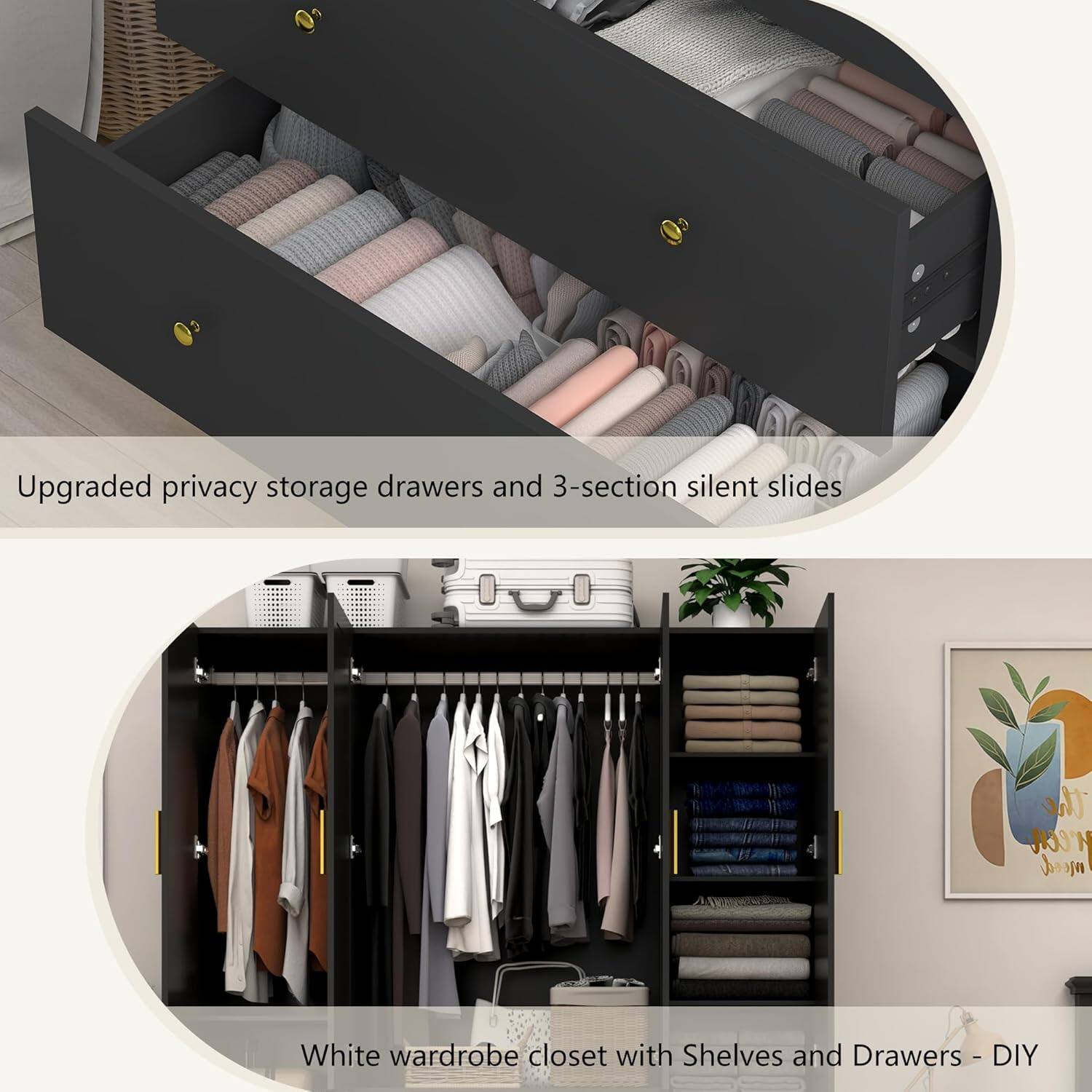 Upgraded privacy storage drawers and 3-section silent slides

White wardrobe closet with Shelves and Drawers - DIY