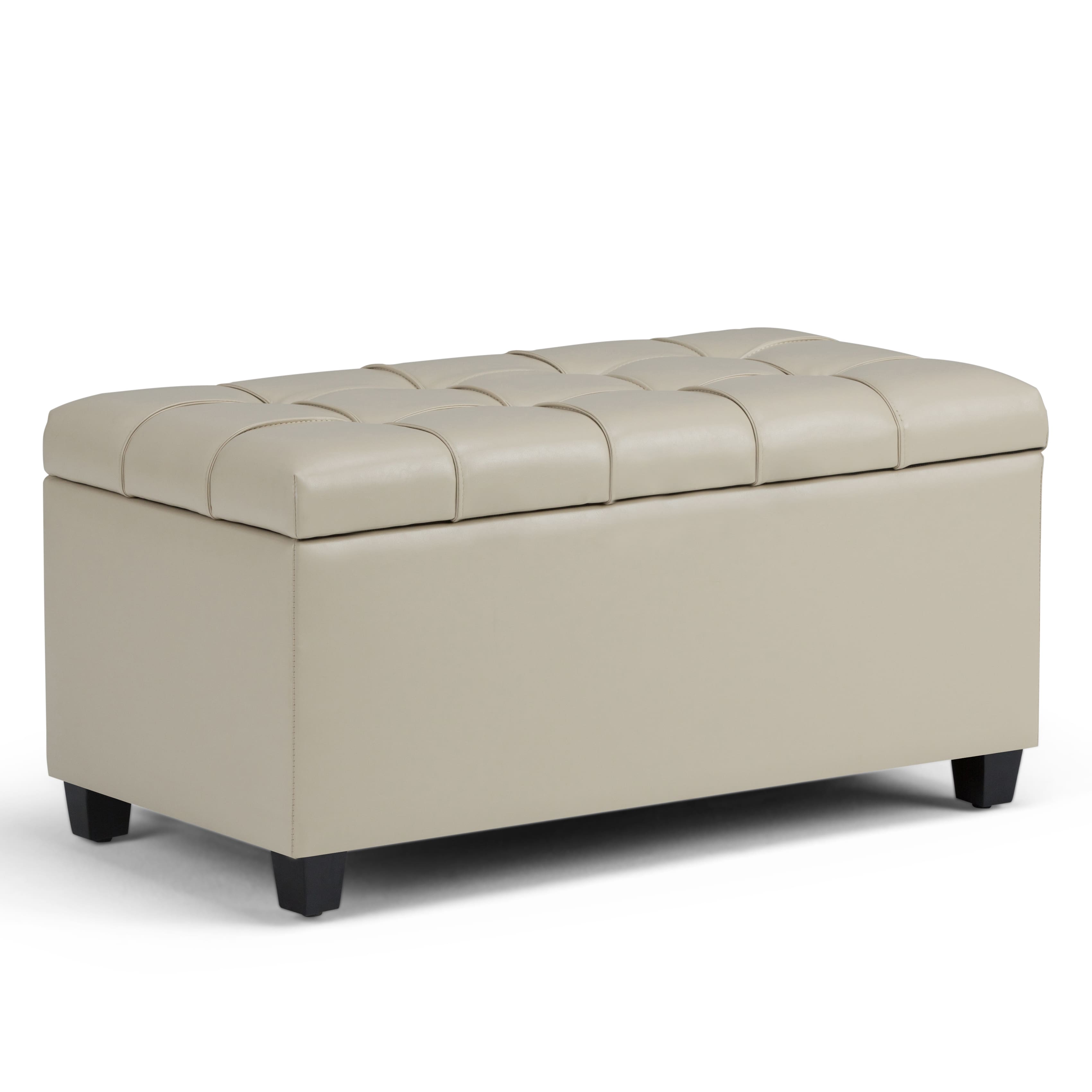 Angle. Simpli Home - Sienna 34 inch Wide Transitional Rectangle Storage Ottoman Bench in Satin Cream Faux Leather - Satin Cream.