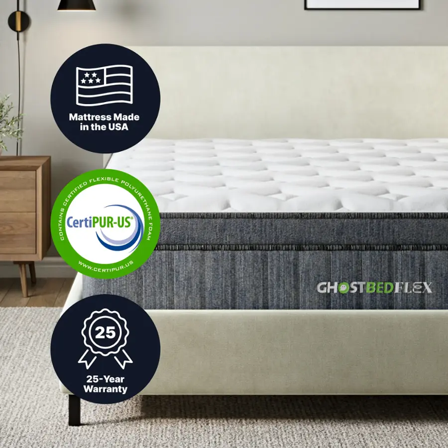 The image features a bed with a white mattress and a blue cover. The mattress is made in the USA and contains CertiPUR-US foam, ensuring it is environmentally friendly and safe. The mattress is also flexible, providing comfort and support. The bed is accompanied by a nightstand and a potted plant, adding to the overall aesthetic of the room. The mattress is advertised as having a 25-year warranty, providing peace of mind for the purchaser.