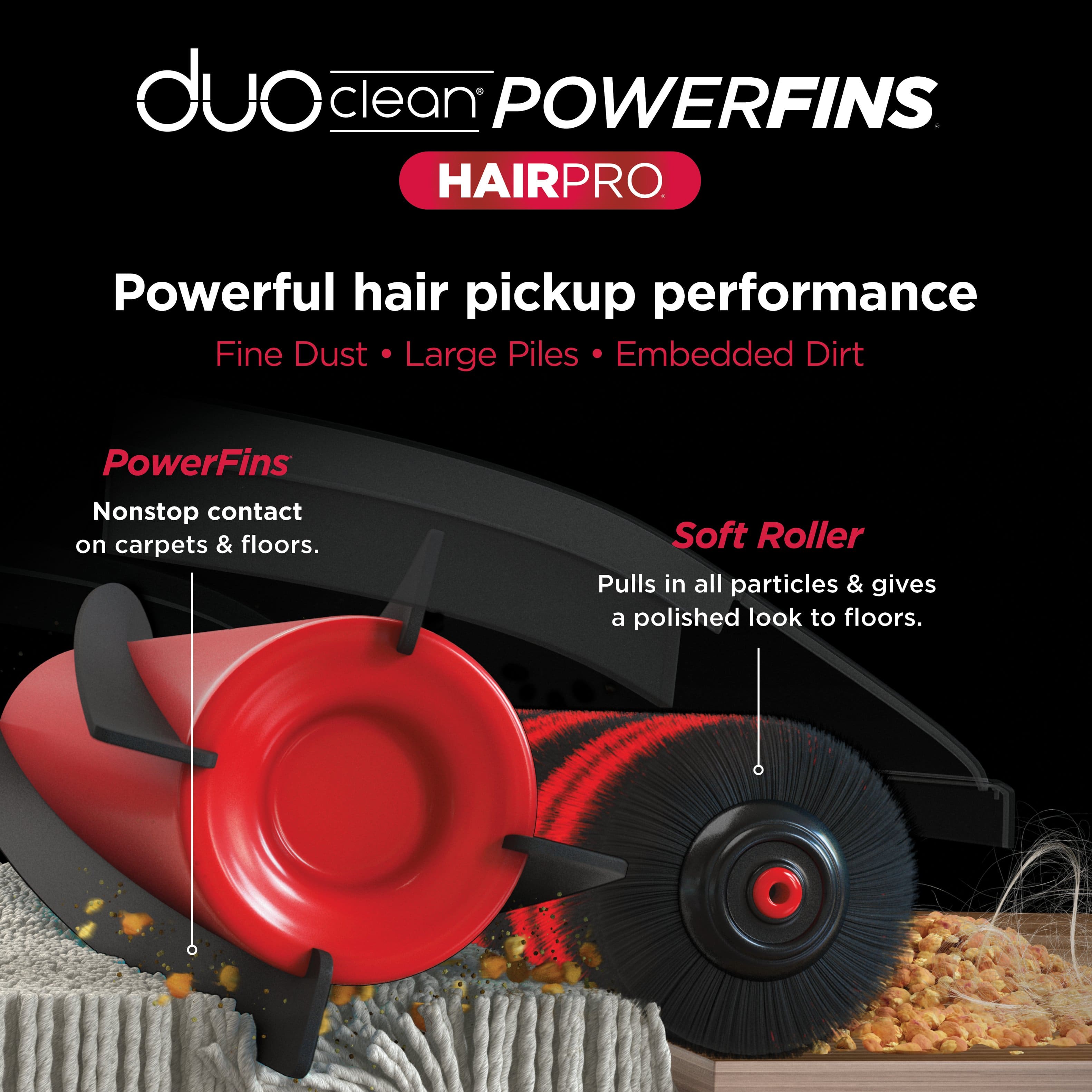 duo clean POWERFINS HAIRPRO Powerful hair pickup performance Fine Dust Large Piles Embedded Dirt PowerFins Nonstop contact on carpets & floors. Soft Roller Pulls in all particles & gives a polished look to floors.