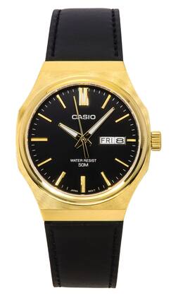 Casio - Standard Quartz MTP-E735GL-1AV Mens Watch Analog Leather Strap Black Dial - Black and gold