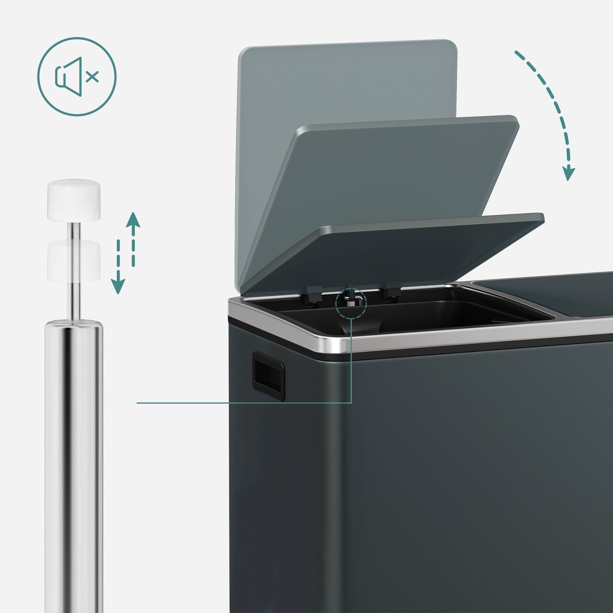 Back. Songmics Home - Trash Can, 2 x 8 Gallon (2 x 30 L) Garbage Can for Kitchen, with 15 Trash Bags, 2 Compartments - Greenish-Gray.