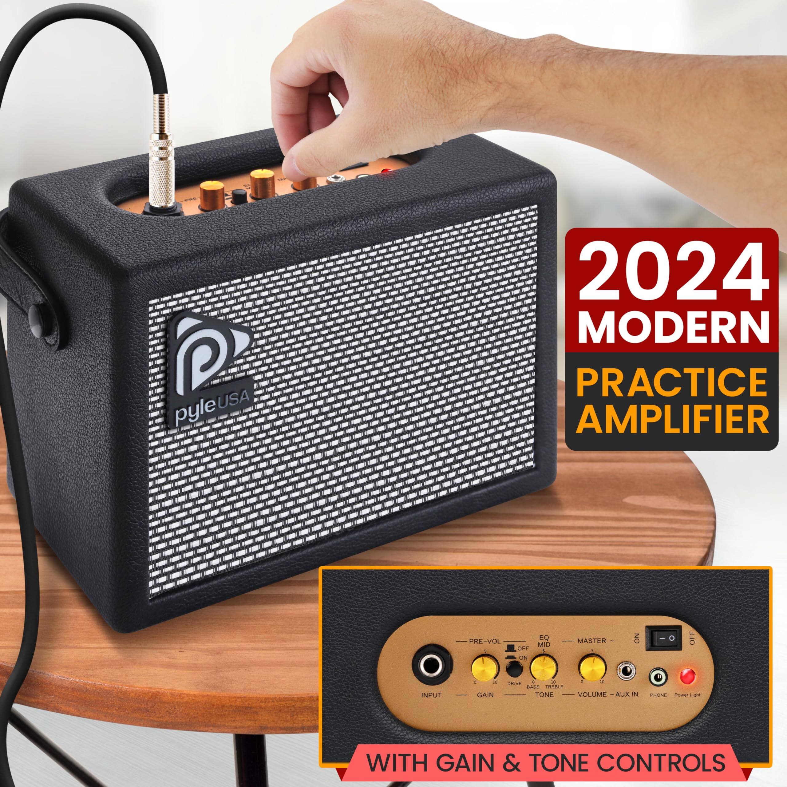 pyleUSA 2024 MODERN PRACTICE AMPLIFIER  
- EQ  
- MASTER  
- INPUT  
- GAIN  
- TONE  
- VOLUME  
- AUX IN  
- PHONE  
- POWER LIGHT  

WITH GAIN & TONE CONTROLS