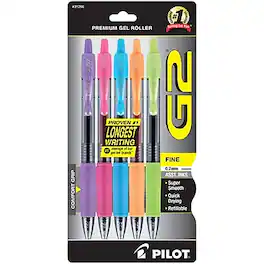 Pilot - G2 Retractable Gel Pens, Fine Point, 5/Pack - Assorted Ink