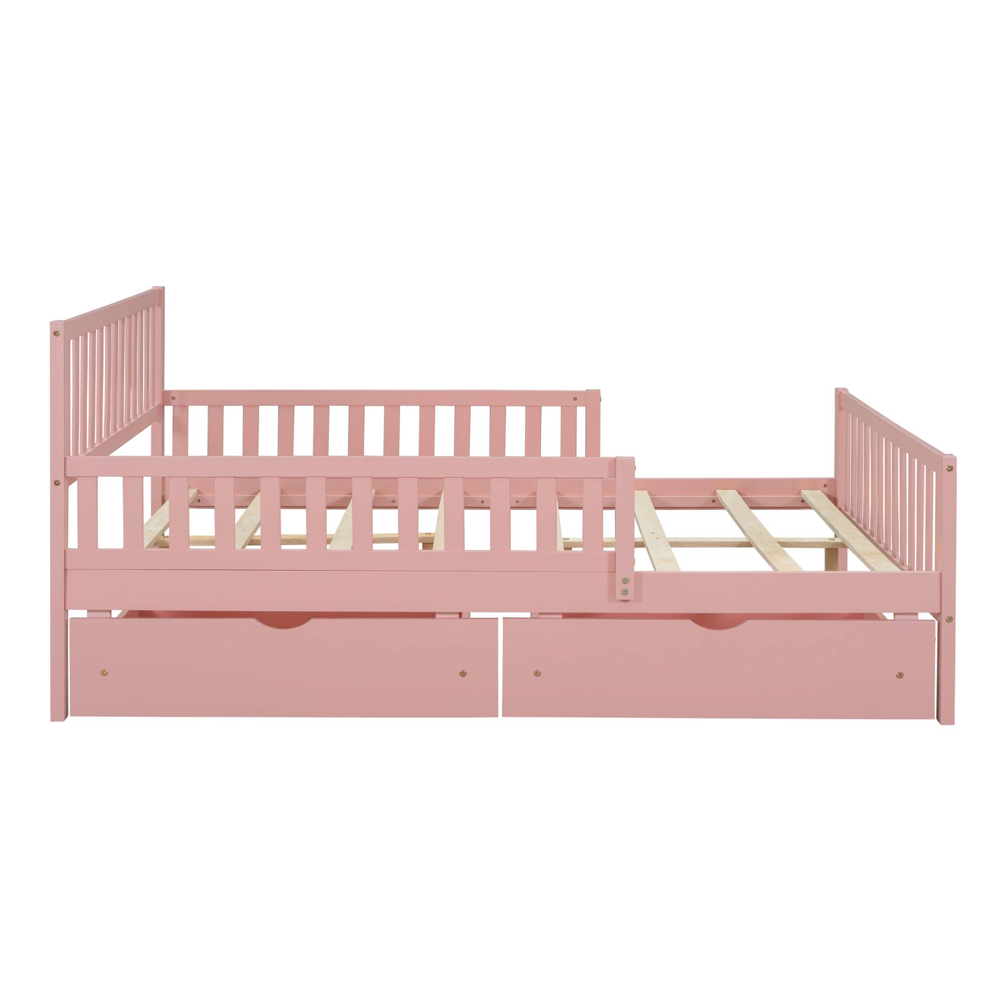 Alt View 1. GOODSILO - Full Size Wood Platform Bed with Guardrails, Storage Drawers, and Minimalist Headboard for Modern Bedrooms - Pink.