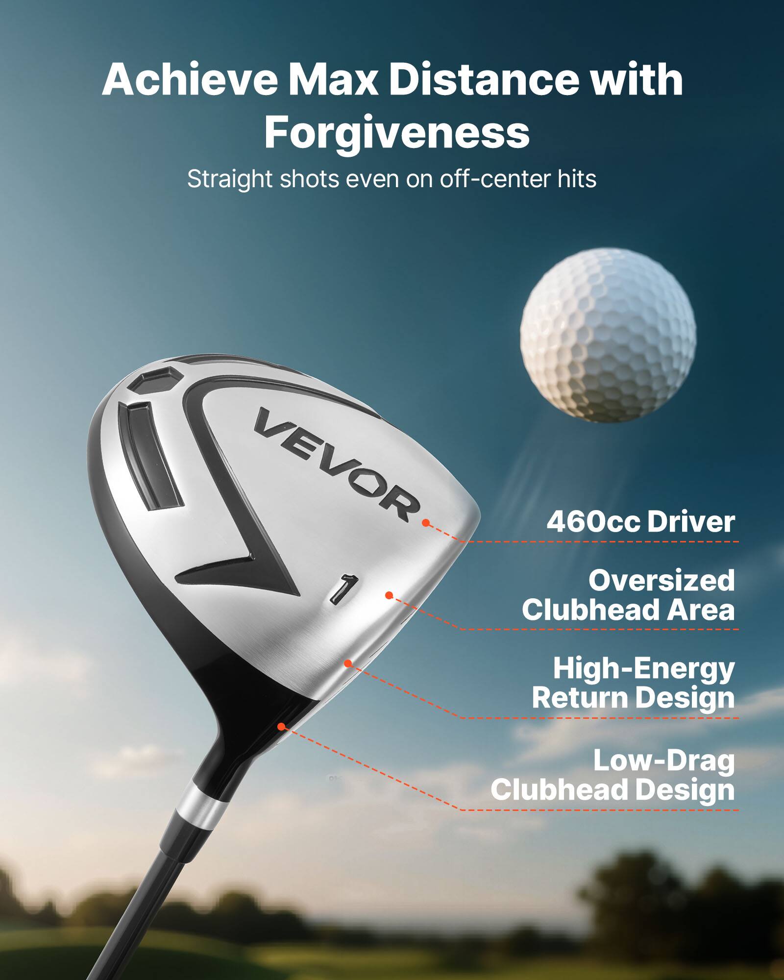 Achieve Max Distance with Forgiveness  
Straight shots even on off-center hits  

460cc Driver  
Oversized Clubhead Area  
High-Energy Return Design  
Low-Drag Clubhead Design