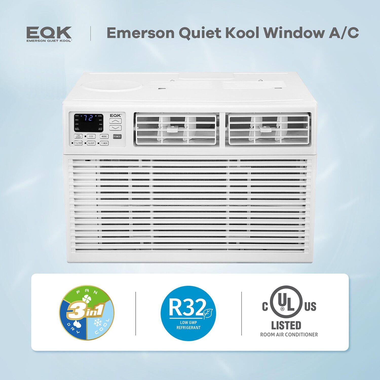 EQK Emerson Quiet Kool Window A/C 12 - EOK ... - SOME FOLICE ... Tm FAN 3in1 ORY Ju R32 LOW OWP REFRIGERANT YL US LISTED ROOM AIR CONDITIONER
